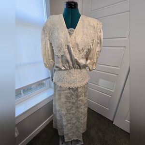VINTAGE GUNNE SAX JESSICA MCCLINTOCK CREAM FITTED MIDI DRESS LACE WOMEN 7 BRIDAL